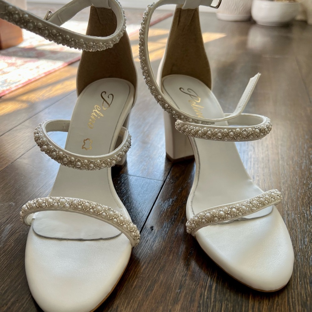 Handmade beaded white leather heels
